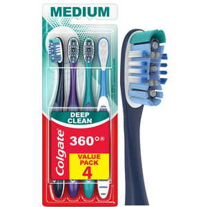 Colgate 360 Whole Mouth Toothbrush, Adult Toothbrushes Medium Bristles, Helps Remove Bad Breath Bacteria and Plaque, Medium Toothbrush Pack, Includes Cheek and Tongue Cleaner, 4 Pack