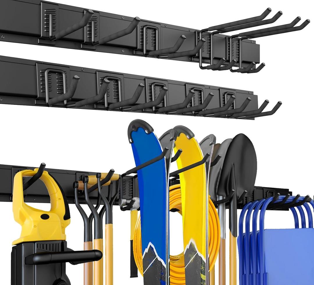 64 Inches Garage Storage, Garage Organization, Wall Mount Garden Tool Organizer, Max 620lbs Adjustable Metal Hooks, Yard Shed Rack, Tool Holder for Hanging Rake Broom Mop Snowboard, Home Gift (64" Alloy Steel, Black)