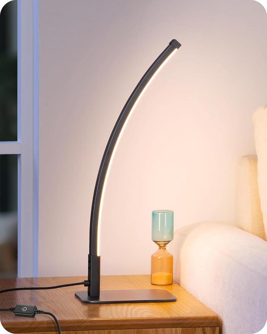 EDISHINE Curved LED Table Lamp, Modern Bedside Lamp with 3 Color Temperature & Stepless Dimming, Aluminum & Iron, Nightstand Lamp for Bedroom, Living Room, Black