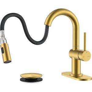 KENES Pull Down Bathroom Faucet with Sprayer, Brushed Gold Single Handle Bathroom Sink Faucet with Pull Out Sprayer, Vanity Bar Faucet with Pop Up Drain & Deck Plate, LJ9055A4