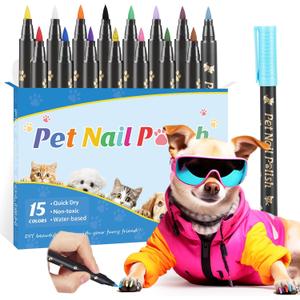 Dog Nail Polish Pens Quick Dry, 15 Colors Safe Set for DIY Pretty Nails, Ideal Gifts for Dogs Cats Light Dark Nails, Odorless, Non-Toxic, Water-Based Pet Accessories