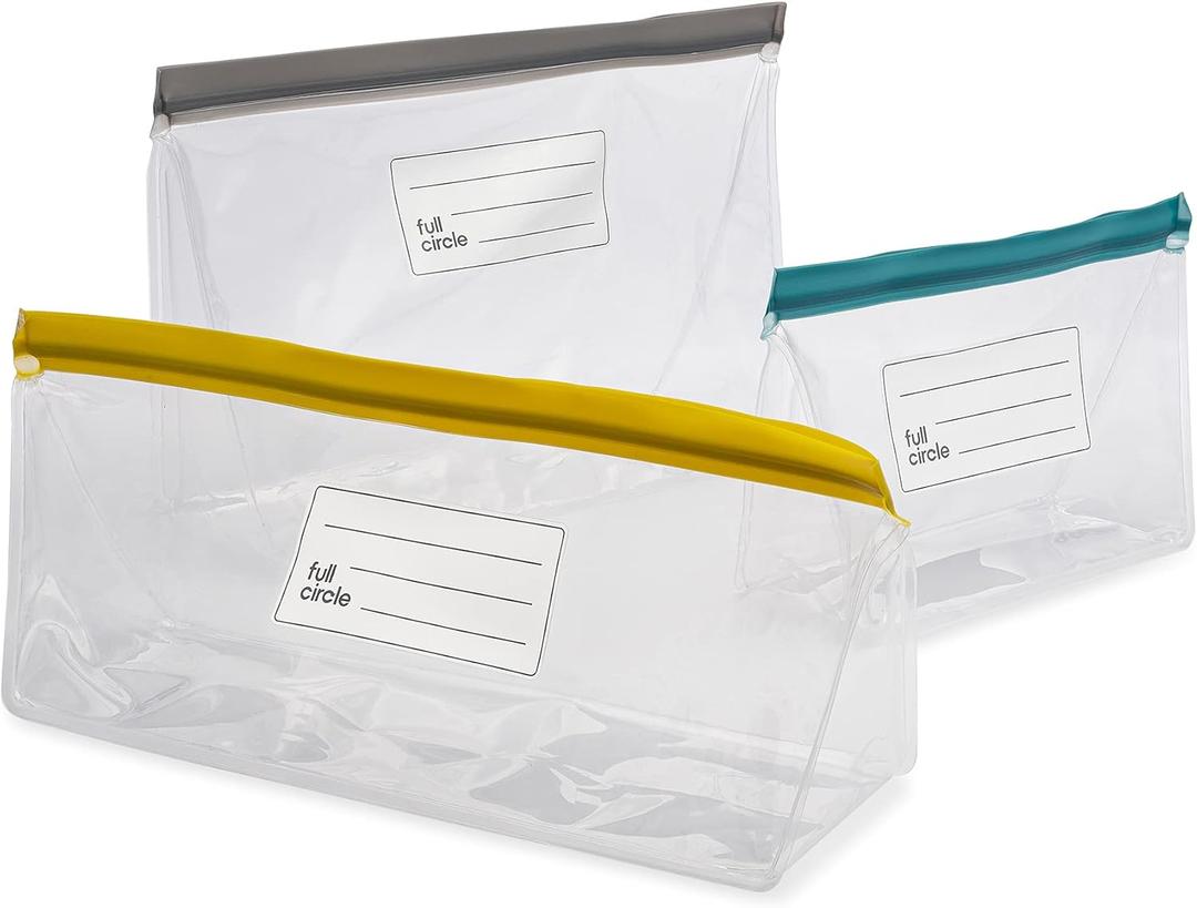 Full Circle Ziptuck Reusable Produce Bags - Set of 3 BPA-Free Food Storage Bags Includes Fruit Bag, Stalks Bag and Large Veggie Bag - Leakproof Ziplock Seal Food Saver Bags