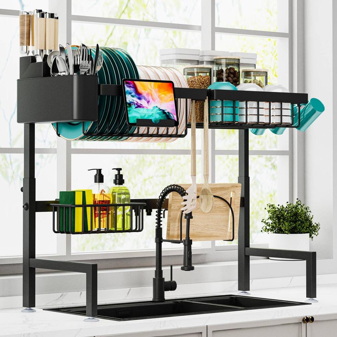 Over The Sink Dish Drying Rack (Expandable Height and Length) Snap-On Design 2 Tier Large Dish Rack (23" - 34" L x 11" W x 19" - 21.5" H)