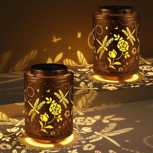 2 Pack Solar Lanterns Garden Decor Birthday Gifts for Women Mon Grandma Metal Hanging Solar Lights Waterproof Outdoor Decoration for Outside LED Lanterns for Yard (Dragonfly)