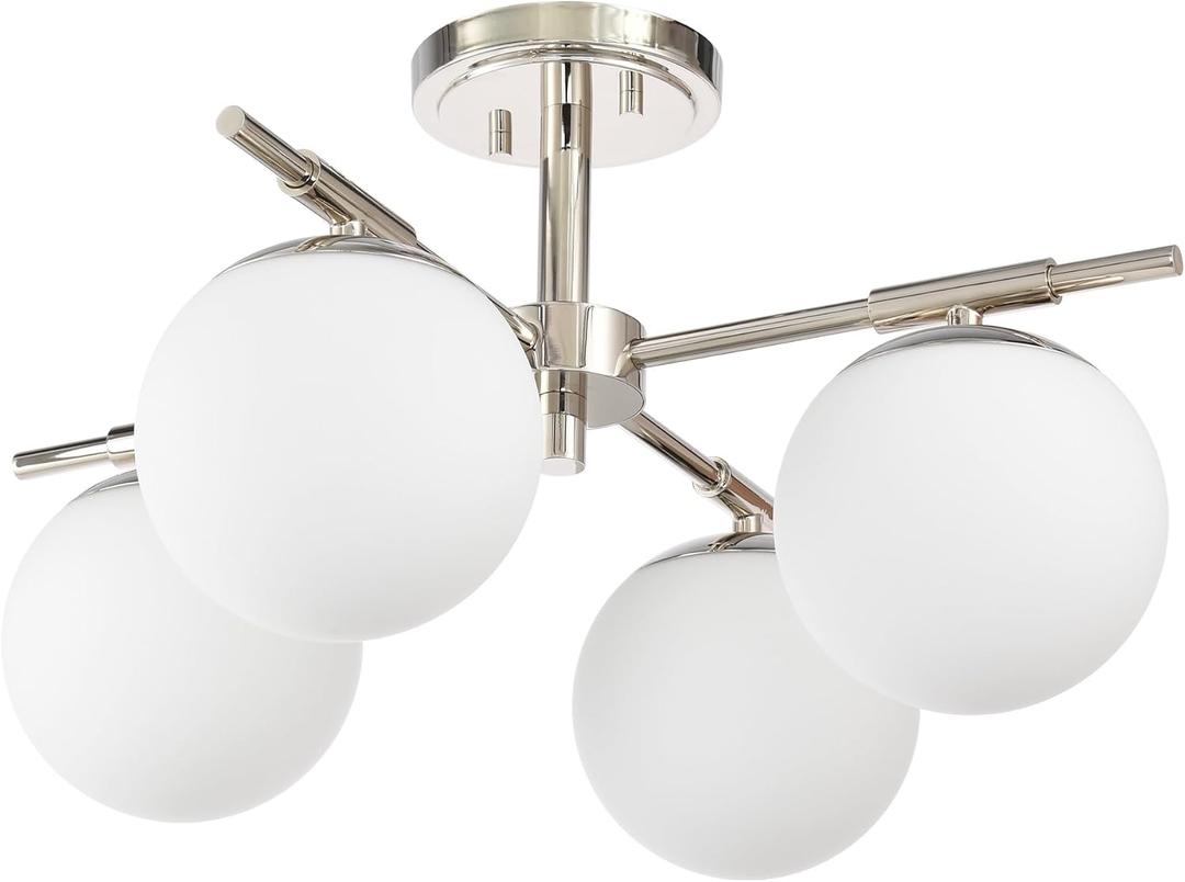 4 Light Semi Flush Mount Ceiling Light Fixture Polished Nickel Light Fixture with Globe Milk Glass Shade for Bedroom, Living Room, Dinning Room, Foyer Hallway Corridor Laundry Room Bar