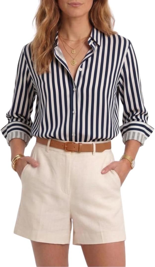 Womens Long Sleeve Button Down Shirt, Classic Blouse with Pearl Buttons, Casual & Dressy Tops for Women (White, L)