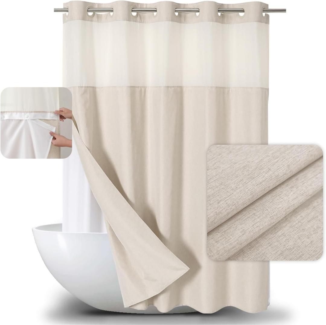 eachope Extra Long No Hooks Needed Linen Textured Shower Curtain with Snap-in Fabric Liner Set,Cream Hotel Luxury Decor Shower Curtains for Bathroom,Waterproof & Washable,71Wx86H
