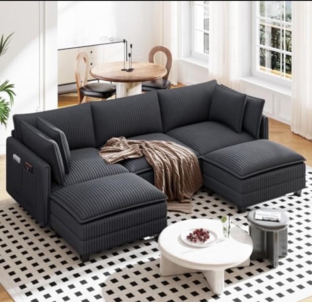 Vesgantti 109" U Shaped Cloud Sectional Sofa, Comfy Corduroy Upholstered Sectional Modular Sofas for Living Room, Modern Modular Couch with 2 Ottoman Deep Seat, Dark Grey