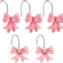 Pink Bow Shower Curtain Hooks with Shining Diamond, Cute Bathroom Decor, Set of 12 Girly Decorative Bowknot Rings, Heavy Duty, Anti Corrosion