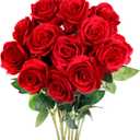 Mocoosy 12PCS Red Roses Artificial Flowers, Fake Roses with Long Stems Realistic Silk Rose Bouquets for Wedding Centerpiece Decorations, Faux Floral Arrangements Bridal Shower Party Home Table Decor