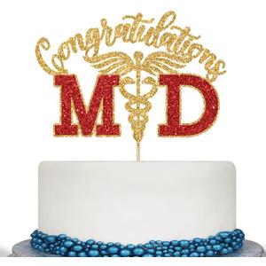 2 x Congratulations MD Cake Topper, Congrats Doctor Grad, Med School Survivor, Medical School Graduation Party Decorations, Gold and Red Glitter