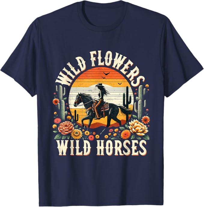 Sunset Cowgirl Riding Horse Wild Flowers - Wild Horses T-Shirt (Small, Black)