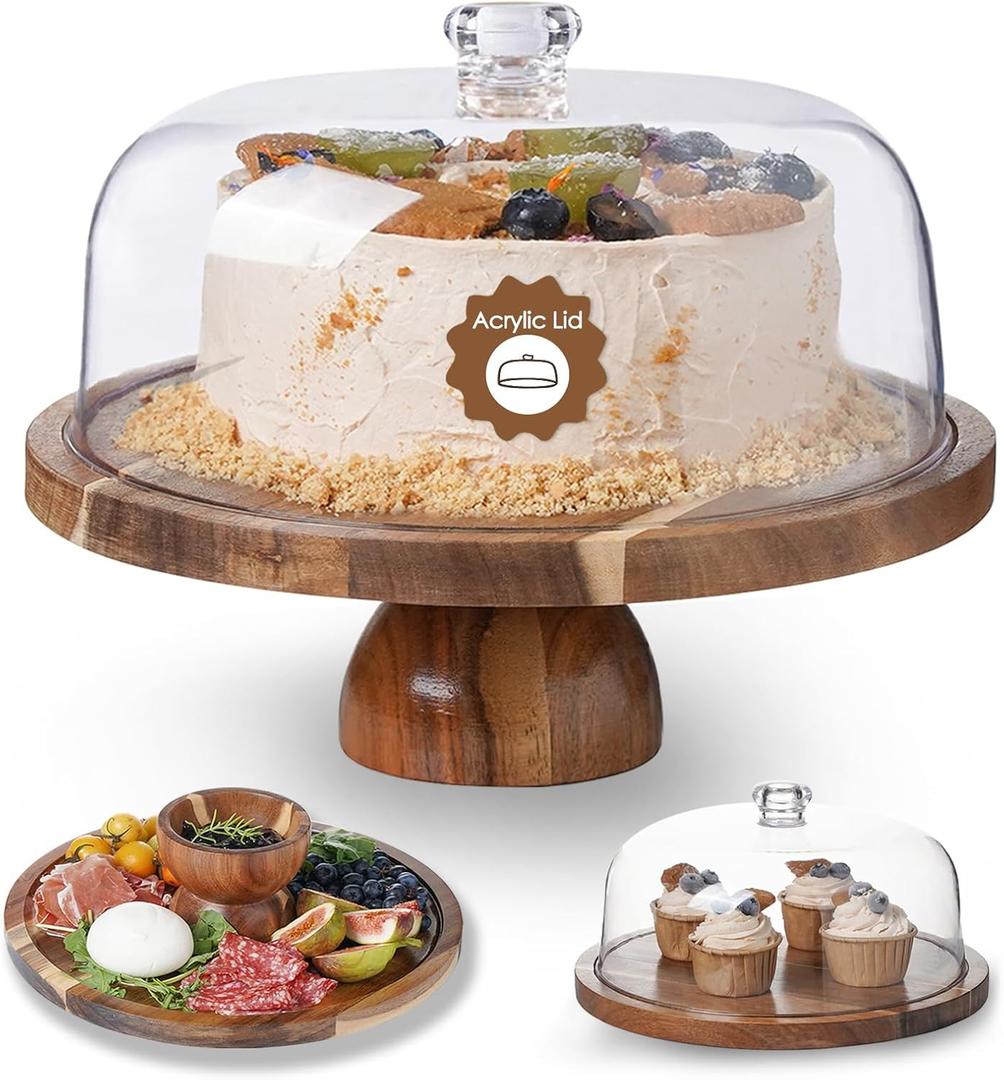 HouseJoy Acacia Wood Cake Stand with Lid-Extra Large Cake Holder,2-in-1 Dessert Table Display Set & Charcuterie Board,Acrylic Cake Dome Cover for Cheese/Veggie/Desert /Chips & Dip