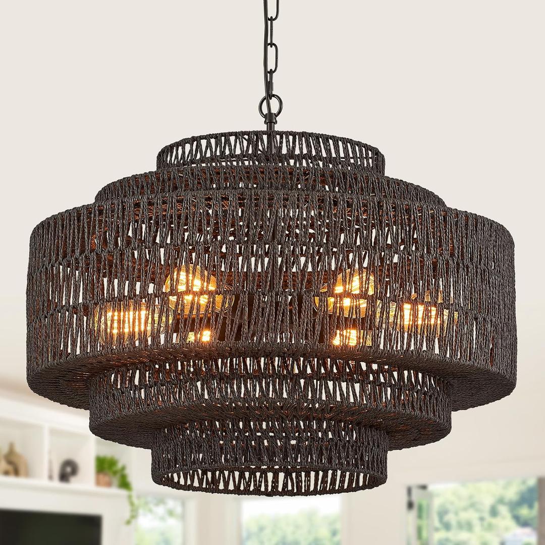 25.68" Large Rattan Chandelier Light Fixture 6-Light Hand-Woven Boho Bamboo Black Chandeliers 5-Tier Vintage Farmhouse Coastal Rattan Chandelier for Living Room,Dining Room,Bedroom Entryway
