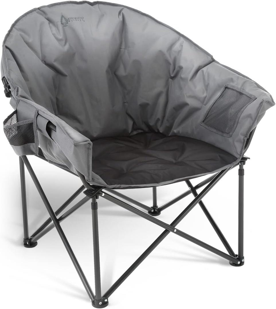 ARROWHEAD OUTDOOR Oversized Heavy-Duty Club Folding Camping Chair with Pocket, Cup Holder, Portable, Padded, Moon, Round, Saucer, Supports 330lbs, Carrying Bag (Grey)