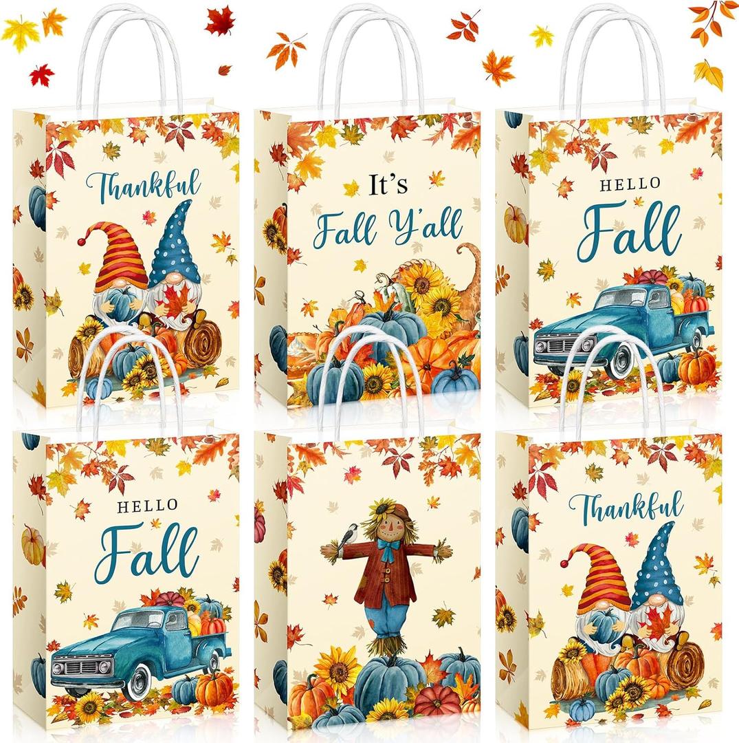 Pasimy 32 Pcs Thanksgiving Gift Treat Bags Fall Gift Goodie Bags Autumn Candy Paper Bag with Handles Pumpkin Maple Leaves Scarecrow Thankful Pouch for Fall Harvest Thanksgiving Party Favors Supplies
