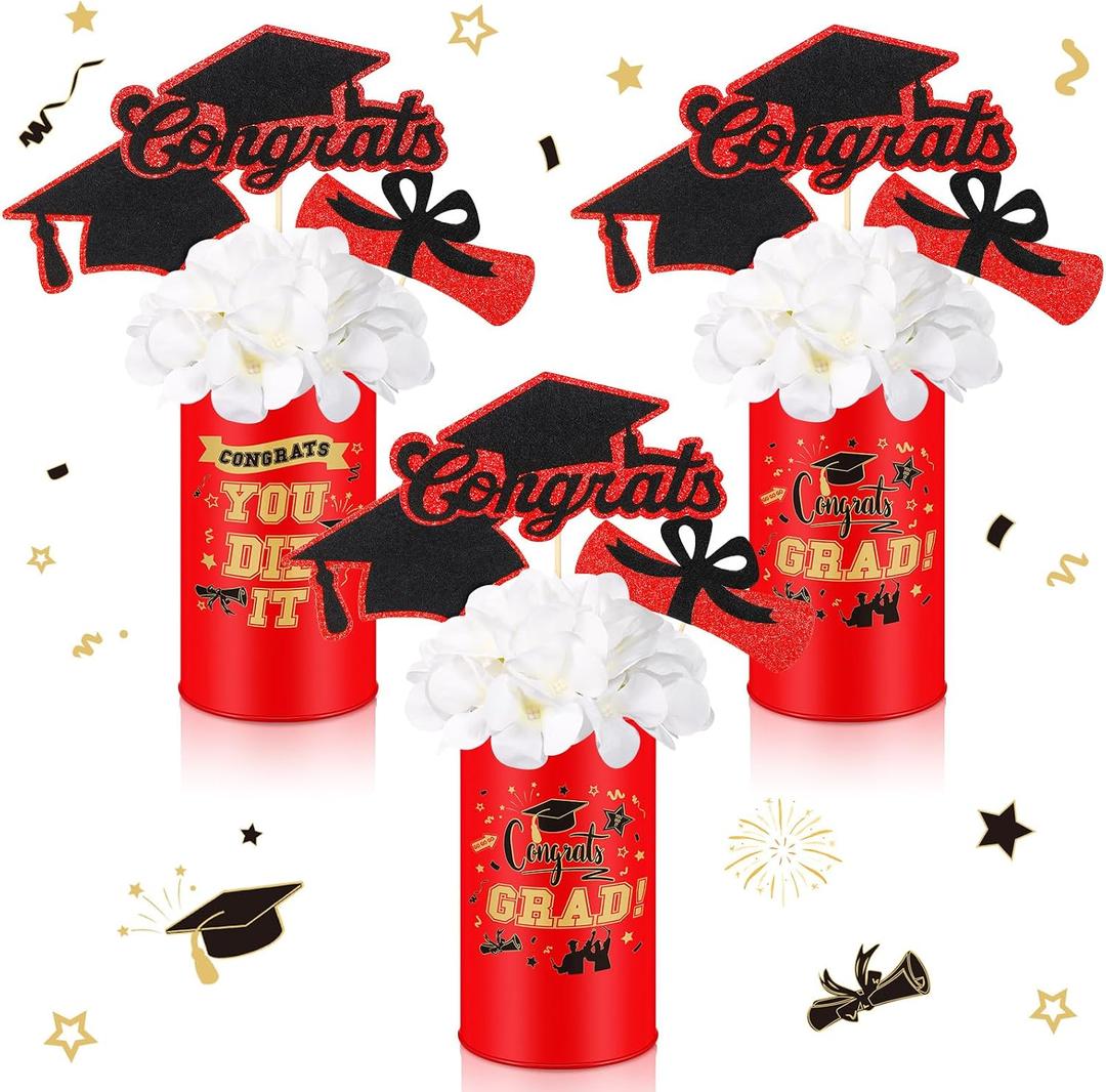 Domensi 3 Sets Graduation Table Centerpiece Decorations Red and Gold Class of 2026 Includes 3 Silk Artificial Flower 9 Congrats Grad Sticks Picks Toppers 3 Metal Vases for Home Party Supplies Gifts
