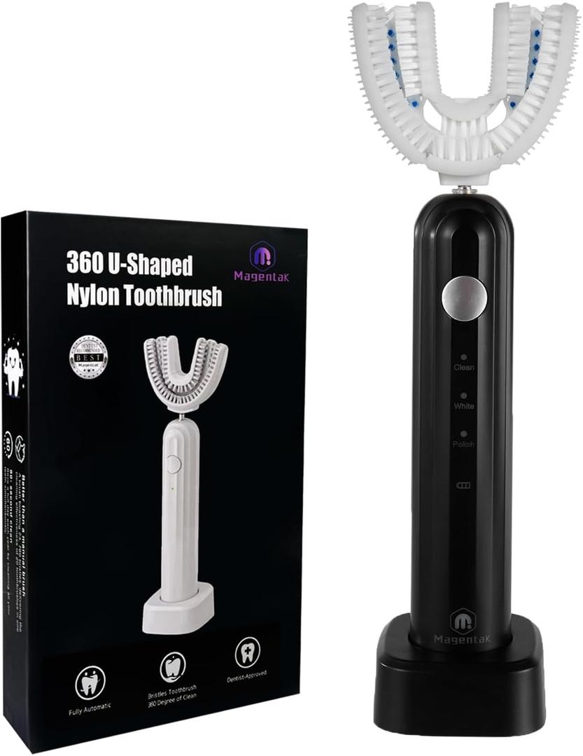 Ultrasonic U Shaped Toothbrush for Adults, Electric Toothbrush for 360-degree Cleaning with Wireless Charging, Waterproof IPX7, 3 Modes for Teeth Whitening(Black)