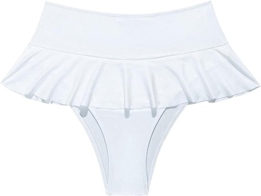 OYOANGLE Women's Ruffle High Waist Bathing Suit Bottoms Tummy Control Bikini Bottoms (X-Large, White)