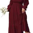 SCOMCHIC Womens Plus Size Fall Dresses Long Sleeve Square Neck Wedding Guest Smocked Flowy Boho Country Western Maxi Dress, Size 2XL