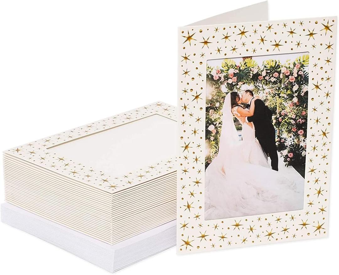 36 Pack Photo Insert Greeting Cards with Envelopes Included, Gold Stars Border, 5 x 7 In Photos, Durable Paper Picture Frames for Birthdays, Anniversaries, Weddings