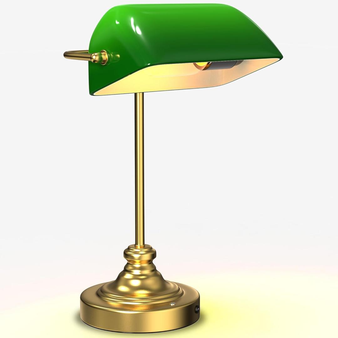 MOKOQI Green Bankers Desk Lamp - Rechargeable Cordless Table Lamp with Dimming, Vintage Library Lamp with Light Bulb Set for Home Office