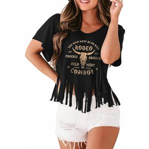 Women Graphic Tees Western Shirts Vintage Cowgirl Fringe Shirt Country Concert Tops Short Sleeve (Small, Dark Black) Women Graphic Tees Western Shirts Vintage Cowgirl Fringe Shirt Country Concert Tops Short Sleeve (Small, Dark Black)