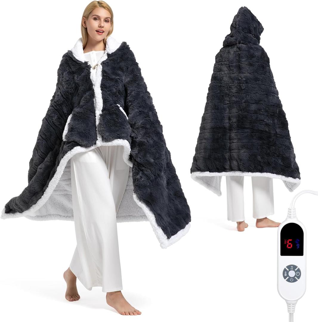 Wearable Heated Blanket Hoodie, Luxury Faux Fur & Sherpa Electric Throw Blanket, Heated Shawl Wraps Poncho with Pockets for Women Men, 3 Heat Levels & 12H Timer, ETL & FCC Certified, 40"x70",Dark Grey