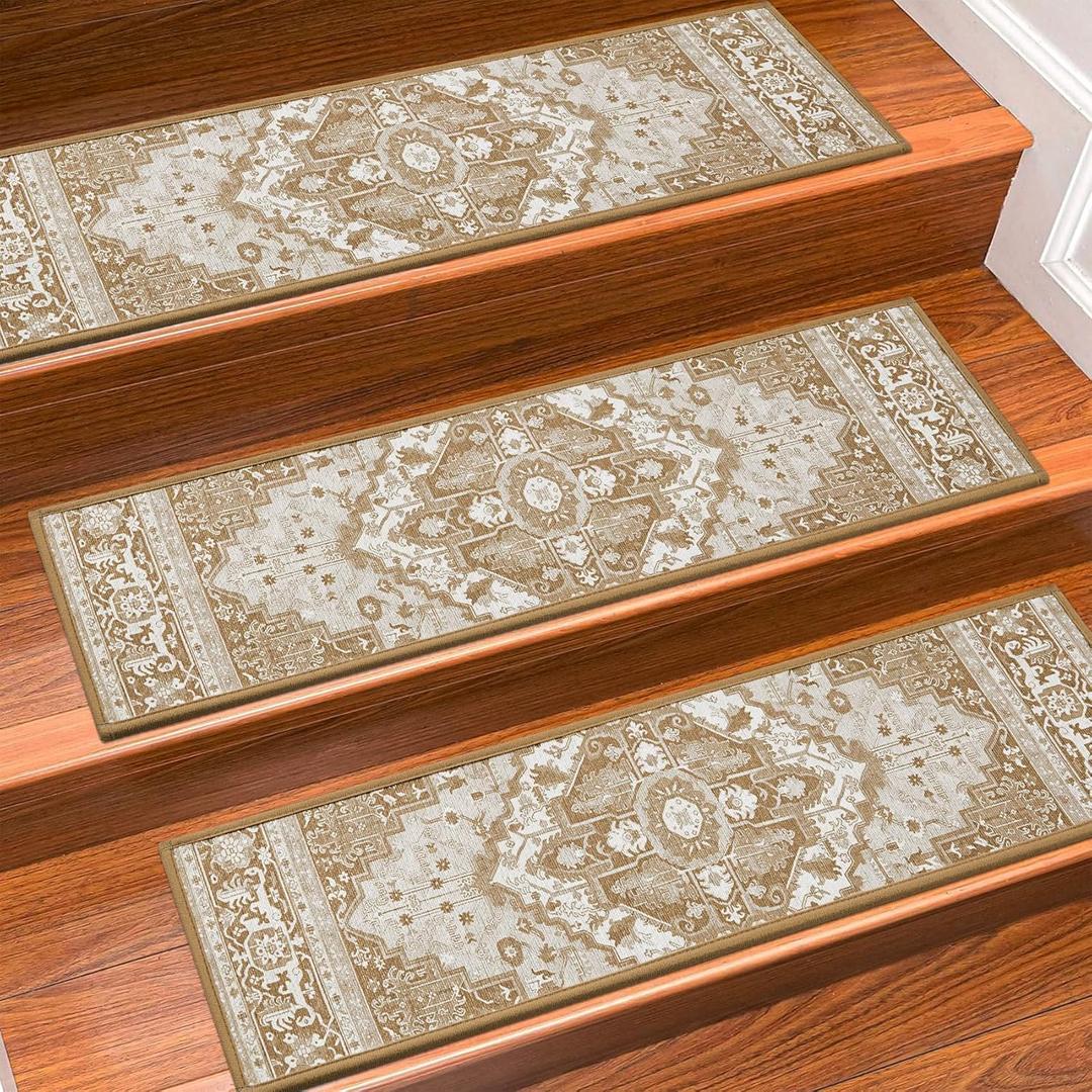 Stair Treads for Wooden Steps Indoor, 15 Pack 8" X 30" Non Slip Carpet Stair Treads with Reusable Adhesive for Kids Elders and Dogs, TPR Backing Stair Rugs Oriental Staircase Step Treads,Bohemia