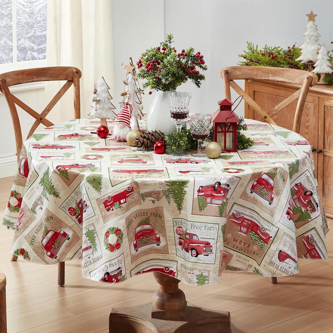 Newbridge Yuletide Christmas Tree Farm Red Barn Truck Vinyl Flannel Back Tablecloth, 70 Inch Round, Nostalgic Holiday Wipe Clean Easy Care Table Cover