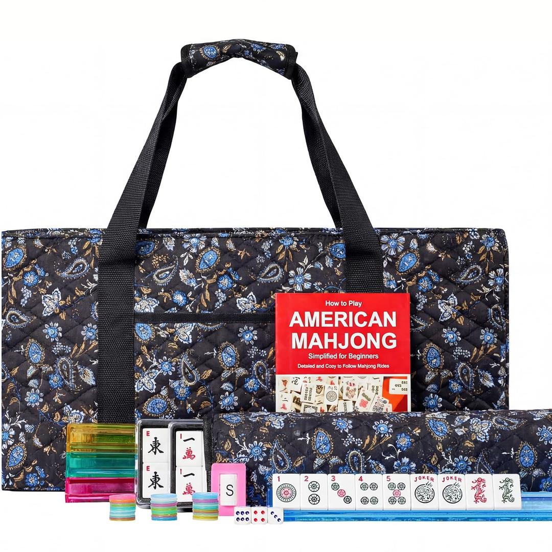 Jongyance American Mahjong Tile Set with Blue Carrying Bag, 166 White Tiles, 4 Rack with Pushers, Mahjong Set with Accessories
