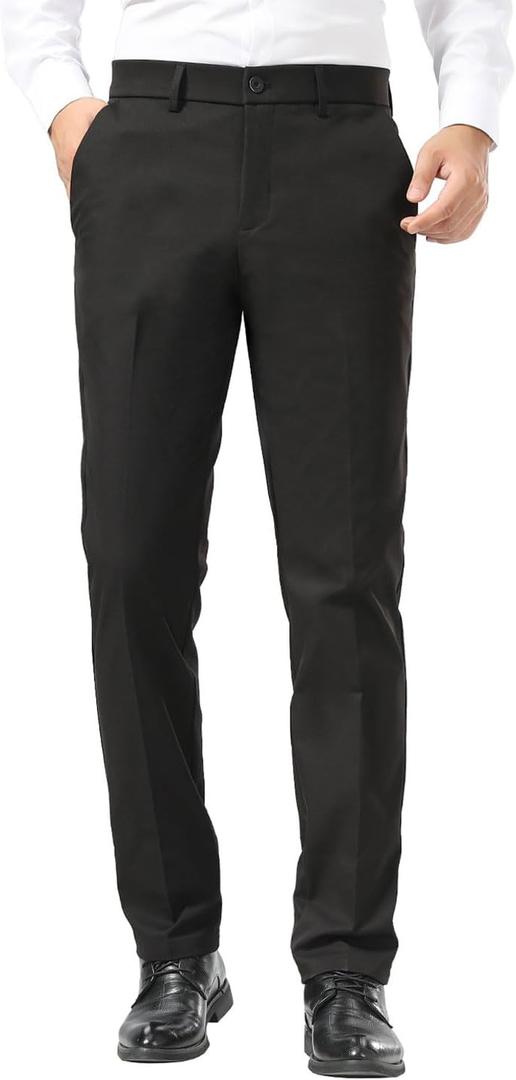 Plaid&Plain Men's Dress Pants Slim Fit Stretch Khaki Pants Wrinkle Free (29W x 30L, Black)