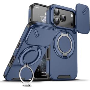 for Apple 17 Pro Max Case with Slide Camera Cover, Military Grade Drop Protection Heavy Duty Shockproof with 360 Rotate Kickstand Case for iPhone 17 Pro Max.Slide Blue