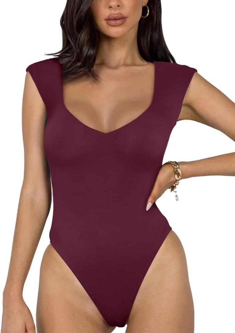 REORIA Butsmooth Women's Trendy Sexy Casual V Neck Double Lined Sleeveless Slimming Going Out Tank Top Bodysuits (Large, Burgundy)