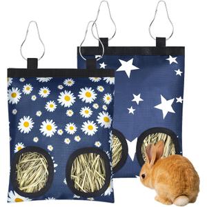 2 Pack Rabbits Hay Feeder Bag, 2 Holes Hanging Bunny Hay Feeder Guinea Pig Feeding Bag Storage Dispenser for Bunny Rabbits Chinchillas Hamsters Small Pets and Animals (Blue)