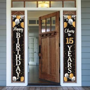 Happy 15th Birthday Decorations,15th Black & Gold Balloon Birthday Theme Door Hanging Banner Sign - Cheers to Fifteen Years Old Bday Party Supplies.