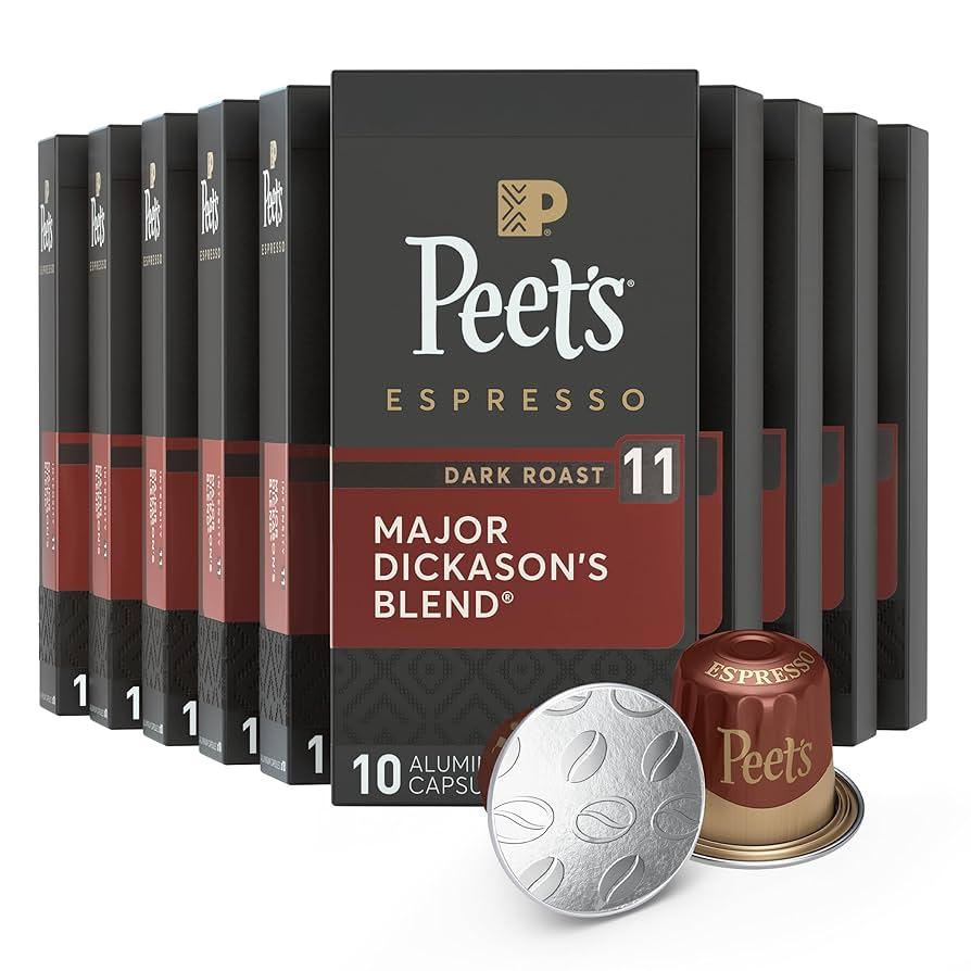 Peet's Coffee, Dark Roast Espresso Capsules, Compatible with Nespresso Original Machines, 100% Arabica Coffee - Major Dickason's Blend, Intensity 11, 90 Count (9 Boxes of 9 Espresso Capsules), Best By: 10/08/2026