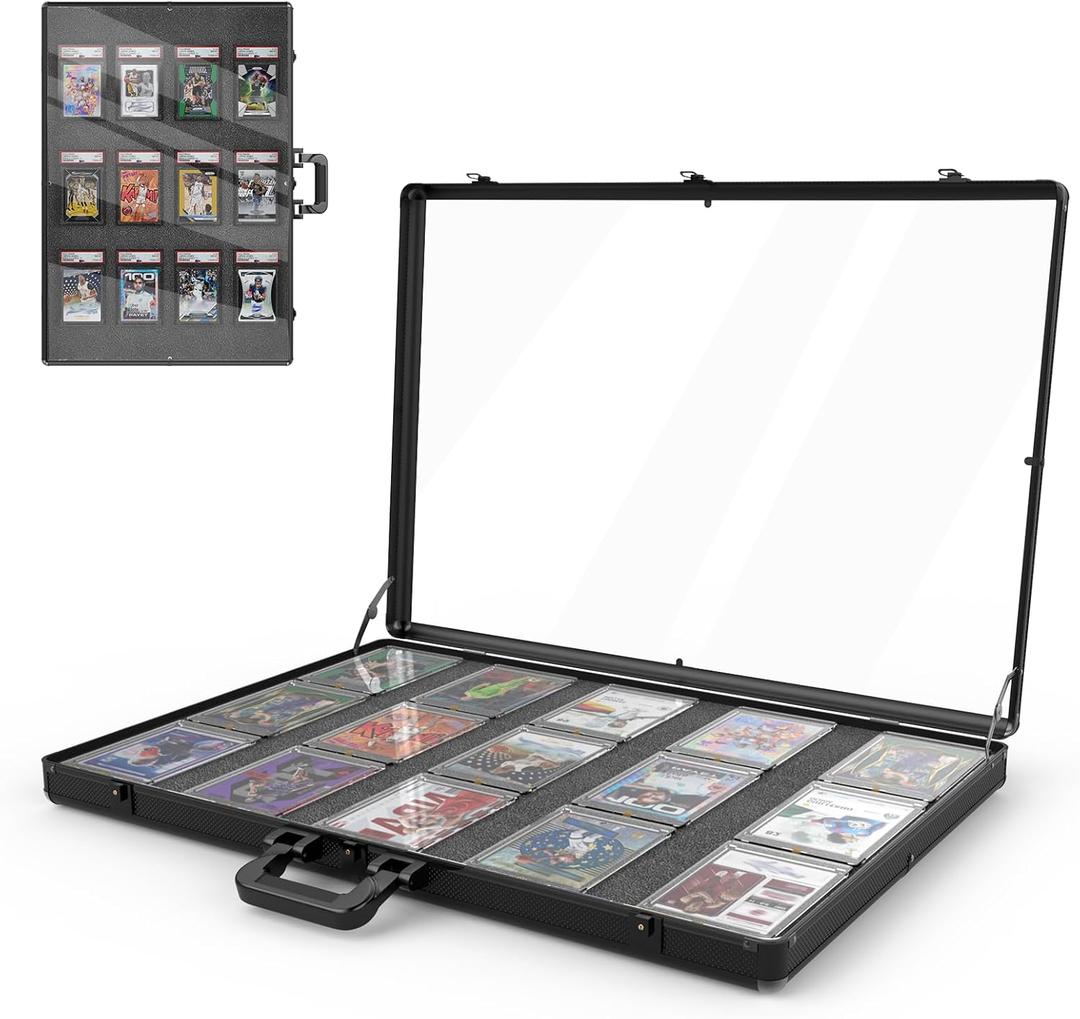 16"x12" Aluminum Card Display Case with Lock, Customizable Foam Insert & Glass Tabletop Showcase for Collectible Trading Cards, Jewelry Storage for Trade Shows