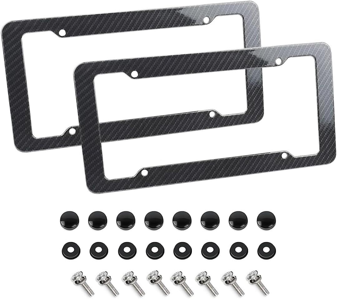2PCS Car License Plate Frames, Carbon Fiber Vehicle License Plate Cover with Mount Hardware & Caps, Solid Automotive Front Rear Tag Frame Holder, Universal for Truck SUV Sedan