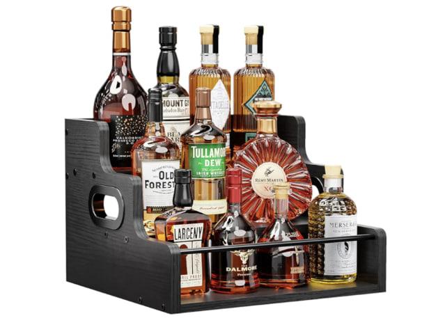 KLM Liquor Bottle Display Shelf, Coffee Syrup Rack Organizer, 3 Step Countertop Liquor Wine Rack, Mini bar,Liquor Cabinet, Home Retro Bar Shelf Stand for Liquor Whiskey, Spirits（Black）