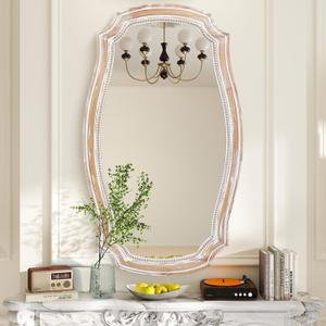 HOITUZYUS 36x24 Inches Rustic Scalloped Wall Mirror, Baroque Curved with Beaded, Distressed Wooden Decorative Mirros for Living Room, Bedroom, Entryway - Horizontal or Vertical