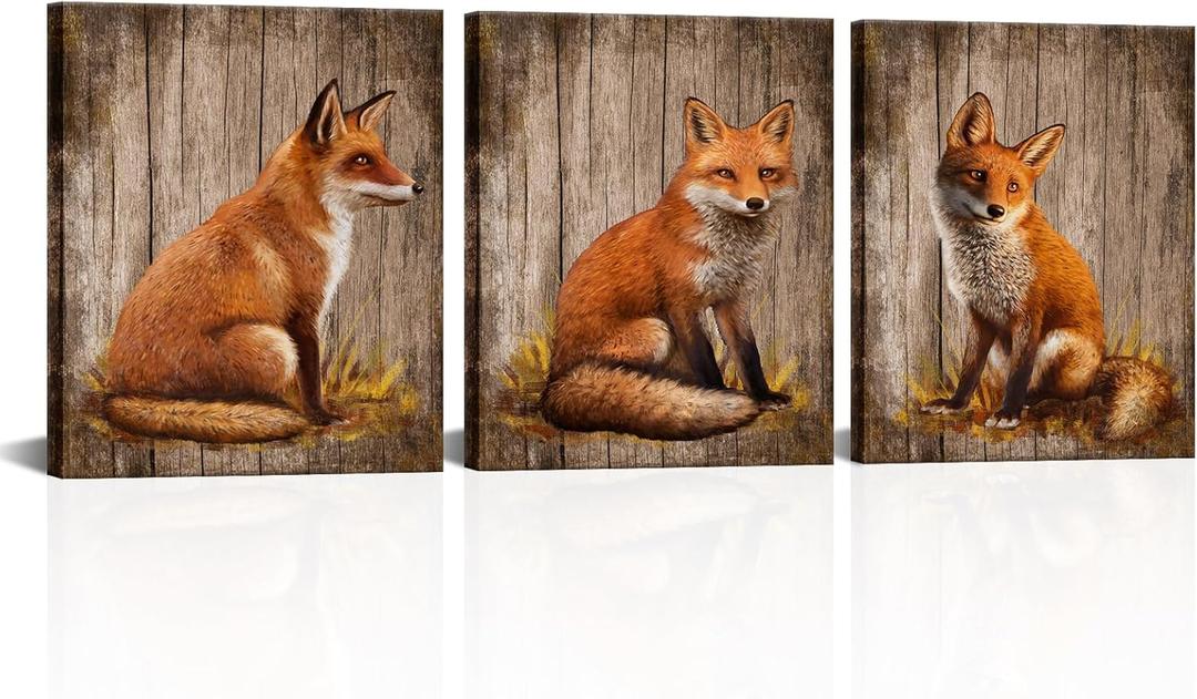 RnnJoile Rustic Canvas Wall Art Red Fox Portrait Picture Print Wild Animal Painting for Home Cabin Farmhouse Decor Framed 16"x20"x3pcs (Medium)