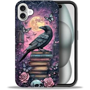 CARLOCA Case for iPhone 16,Gothic Purple Bookshelf Crow Soft TPU + Hard PC 2-in-1,Shockproof Anti-Scratch Protective Case Compatible with iPhone 16