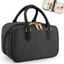 Travel Makeup Bag for Women Fashion Large Capacity Pouch Open Flat Cosmetic Portable Organizer Waterproof Large Opening Storage Toiletry Bags Vertical Free-Standing Brush Holder for Easy Access Black