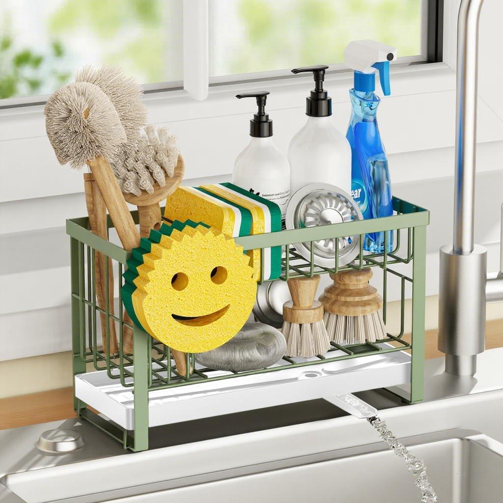 Sponge Holder for Kitchen Sink with Flexible Sink Caddy Smiley Face,2 Tier Kitchen Sink Organizer Countertop and Storage Essentials,Soap Dispenser Organize,Home Decor Accessories-Green