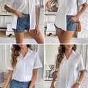 Zeagoo Women Linen Button Down Shirt Rolled Cuffed Short Sleeve Blouse Ladies Summer Casual V Neck Beach Cotton Tops (White, XL)