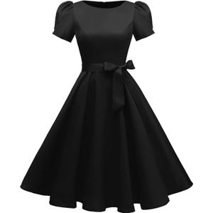 tagunop Women's Boatneck Vintage 1950s Cocktail Party Dress with Puff Sleeves Black M