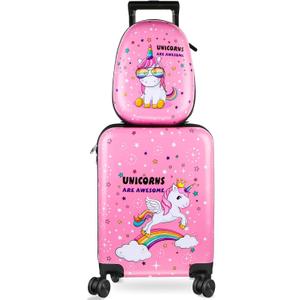 Weewooday Kids Luggage and Backpack 18 Suitcase with Spinner Wheel Hard Case Travel 13 Backpack Girl Suitcase Set for Kids Travel Supplies(Pink,Unicorn Style), 18 X 11.5 X 8 Inches