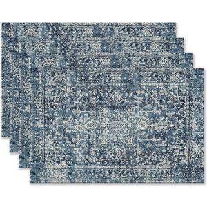 Vintage Boho Navy Blue Ethnic Placemats Set of 4 12x18 Inch, Distressed Boho Blue Table Mats Washable Placemat for Home Party Kitchen Dining Room Decoration