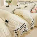 IHOUSTRIY Cream Duvet Cover Queen Size, Ruffle Beddding Set with Bowtie, 3 Pieces Comforter Cover Set with Zipper Closure, Girl Bedding with Pillowcase - Cream Yellow, Queen